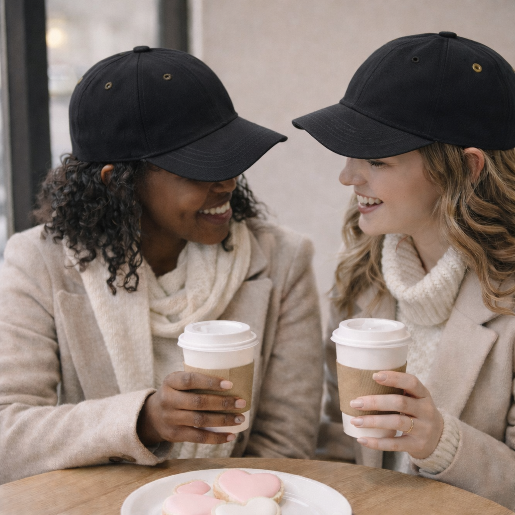 Two women wearing black caps and light coats, holding coffee cups and smiling at each other.