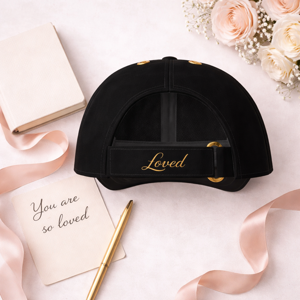 Black cap with 'Loved' text in gold on a white surface with flowers and ribbons.
