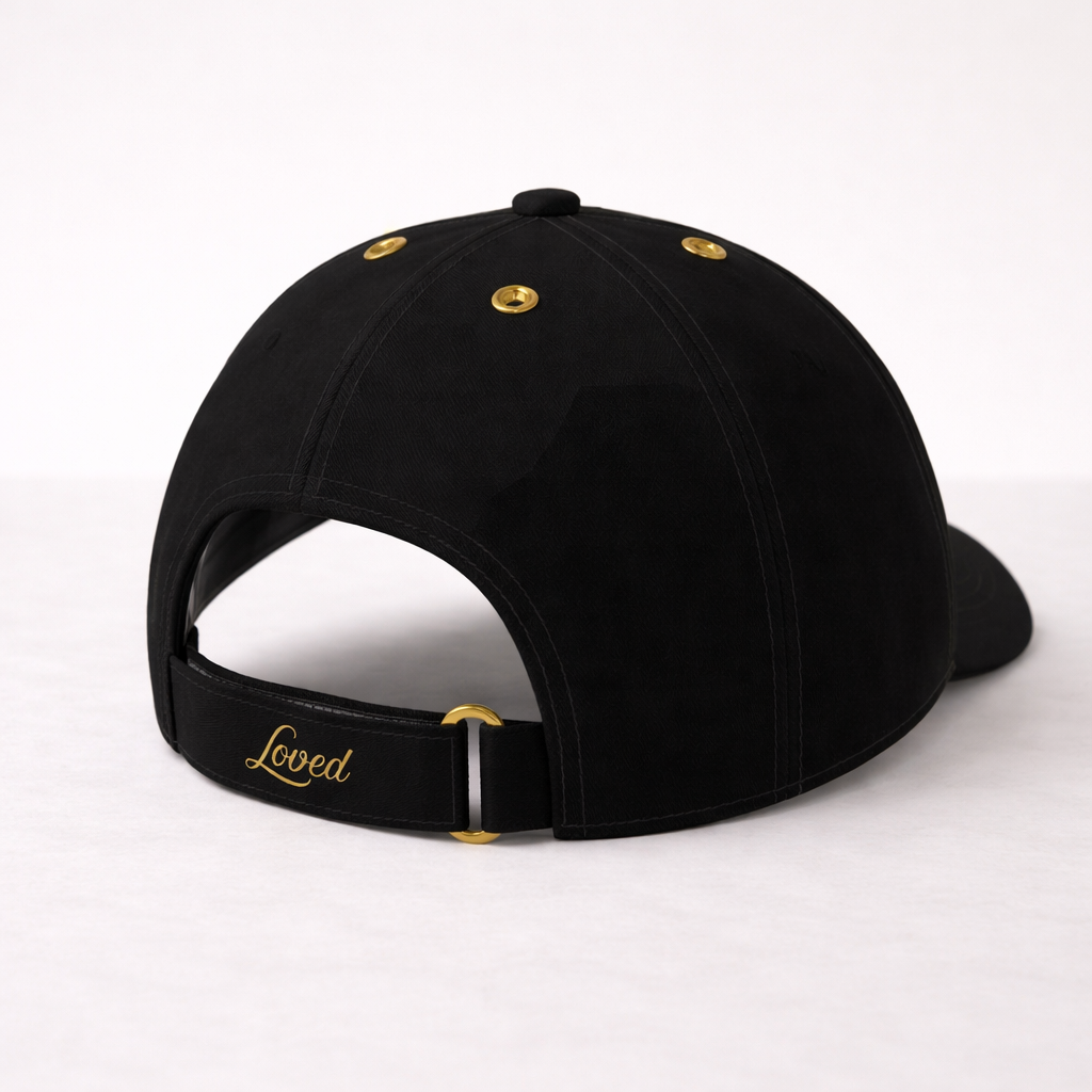 Black designer cap with gold accents on a white background