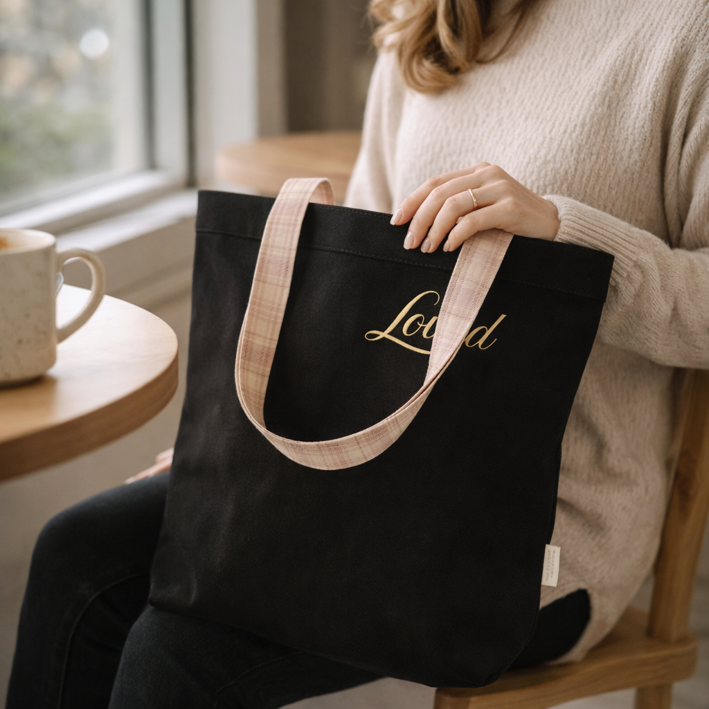 Person holding a black tote bag with 'Loved' text in gold, sitting in a cozy room.