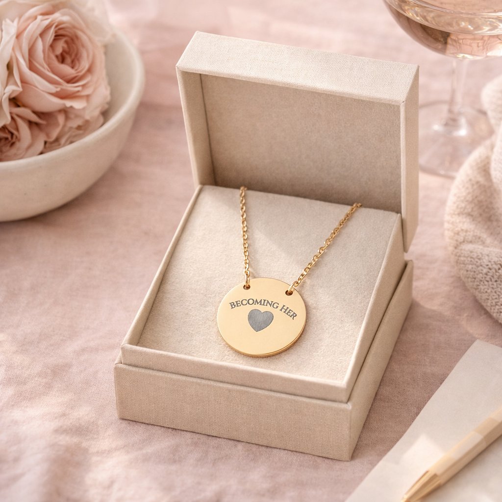 Gold necklace with a pendant featuring 'BECOMING HER' and a heart symbol in an open jewelry box on a soft pink surface with roses.