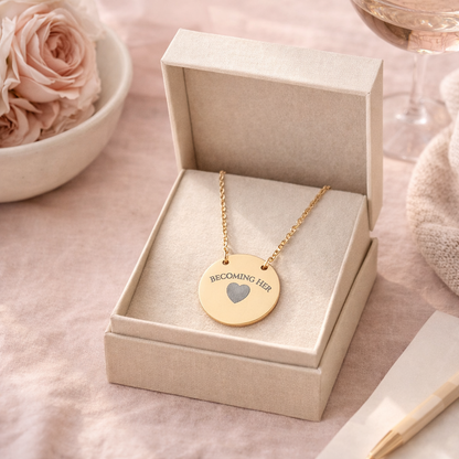 Gold necklace with a pendant featuring 'BECOMING HER' and a heart symbol in an open jewelry box on a soft pink surface with roses.