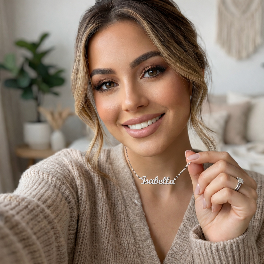 Woman holding a necklace with 'Isabella' engraved, smiling in a cozy indoor setting.
