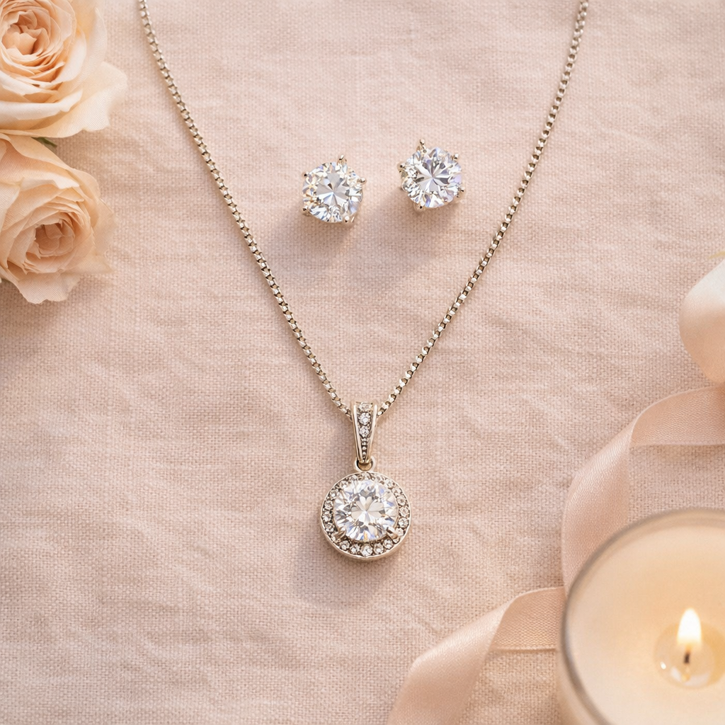 Diamond necklace and earrings on a soft pink fabric background with roses and a candle.