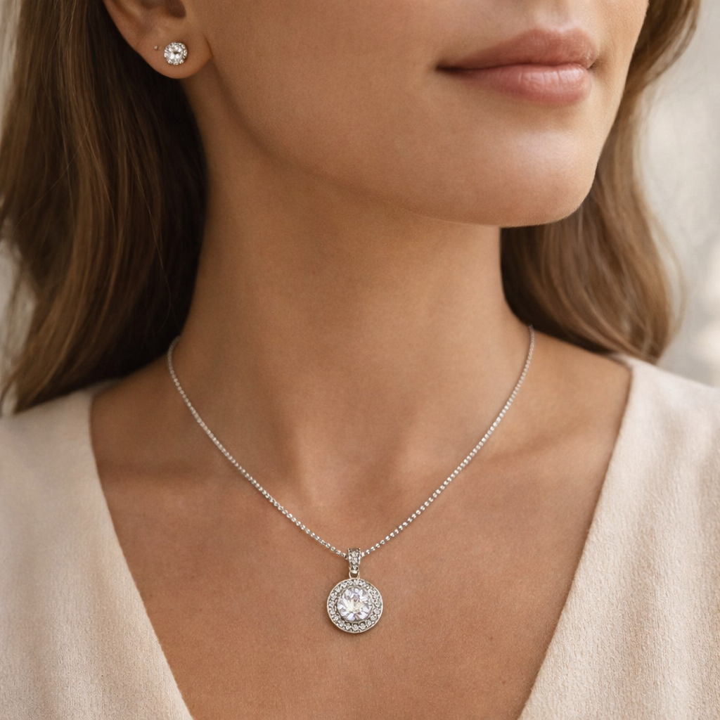 Close-up of a woman wearing a silver necklace with a round diamond pendant.