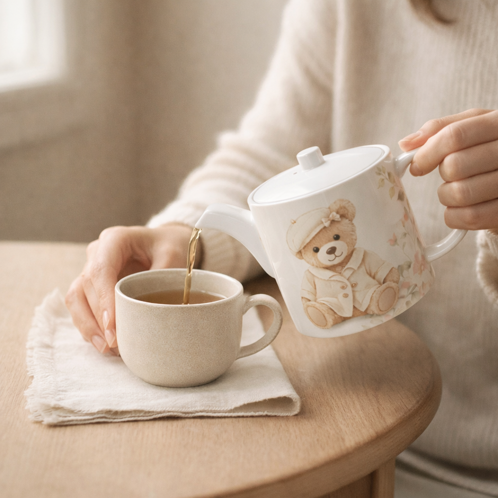 Person pouring tea from a teapot with a teddy bear design into a cup on a wooden table.