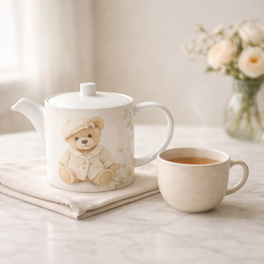 Teapot with teddy bear design and matching cup on a marble surface.