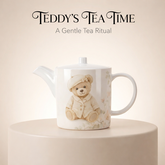 Teapot with teddy bear design on a beige background, featuring 'Teddy's Tea Time' text.