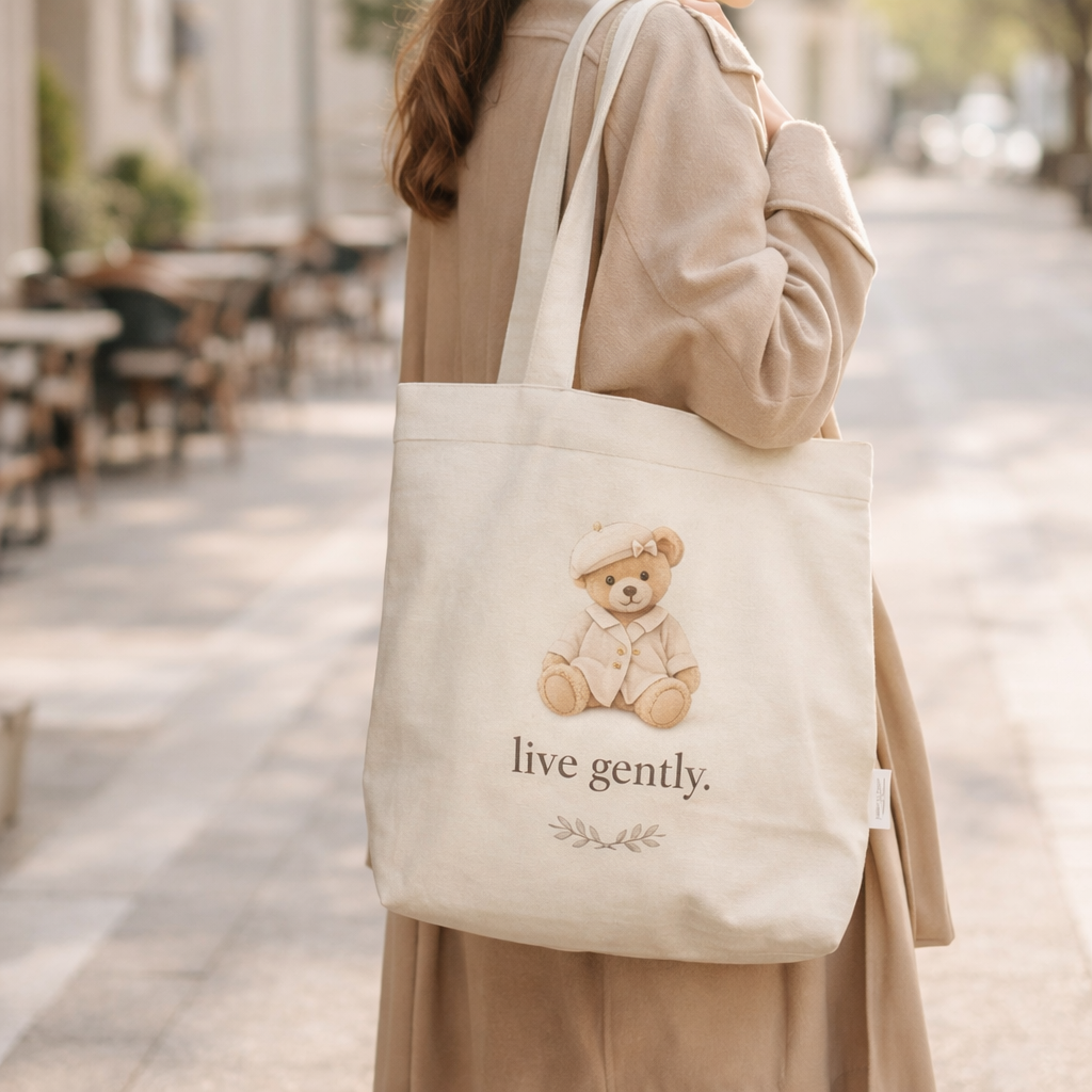 Person holding a tote bag with a teddy bear design and 'live gently' text, outdoors.