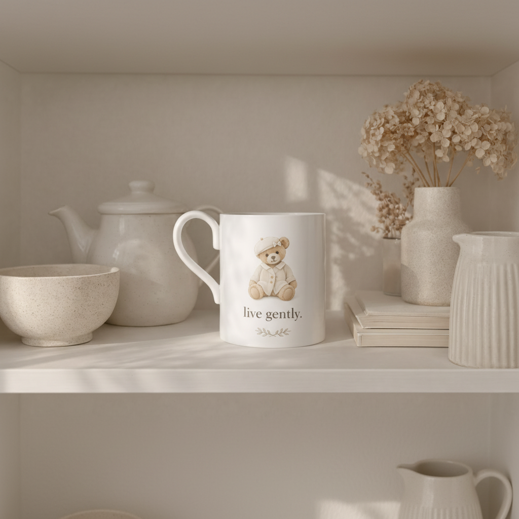 Mug with teddy bear design and 'live gently' text on a shelf with decorative items.