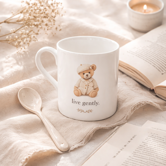 Cozy lifestyle flat lay featuring a ceramic mug, candle, and open book on soft linen, evoking a calm morning ritual and slow living aesthetic.