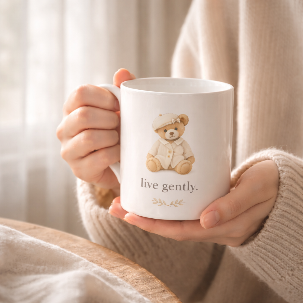 Person holding a mug with a teddy bear illustration and 'live gently' text.