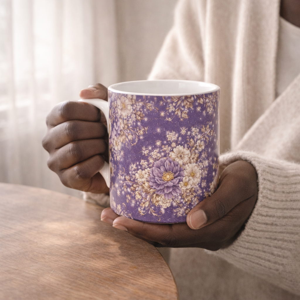 Hand holding a mug with a purple floral pattern