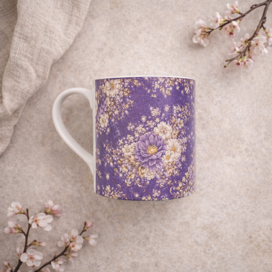 Mug with purple floral pattern on a beige surface with cherry blossom branches.