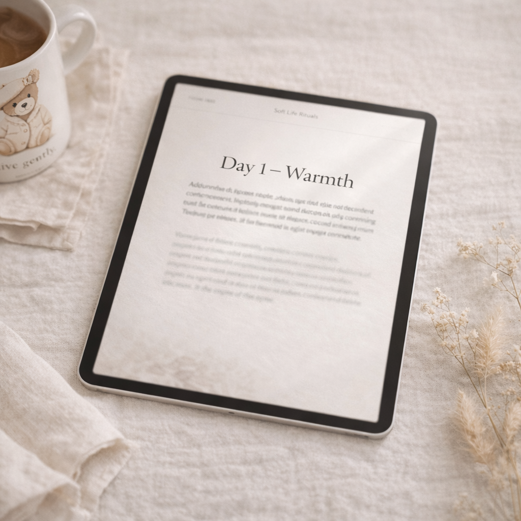 Tablet displaying an interior page of the Soft Life Rituals digital guide with the heading “Day 1 – Warmth,” styled on an ivory fabric surface in a calm, minimalist setting.