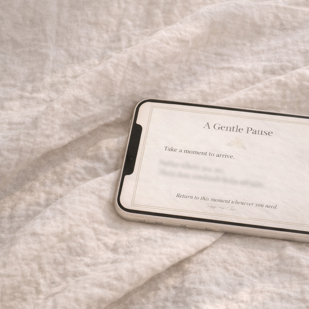 Smartphone showing the “A Gentle Pause” printable ritual page in landscape orientation with blurred text, placed on soft neutral bedding for a serene, modern preview.