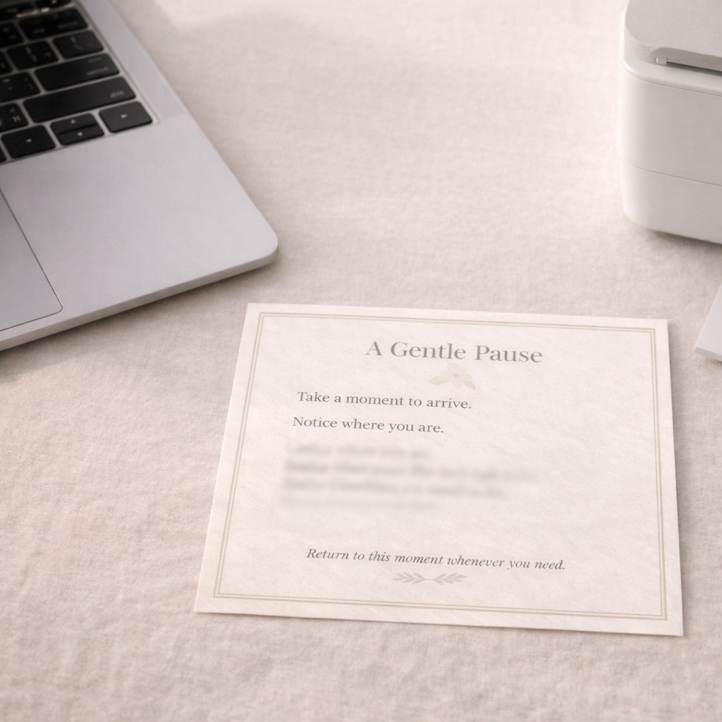 Printable “A Gentle Pause” ritual card with blurred text displayed on a desk near a laptop and printer, illustrating at-home printing of a digital mindfulness page.