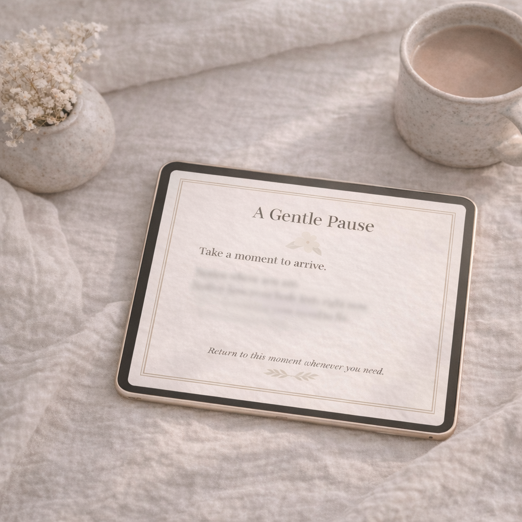 Angled tablet preview of the “A Gentle Pause” digital ritual page with blurred content, styled on textured bedding with dried florals and a warm drink.