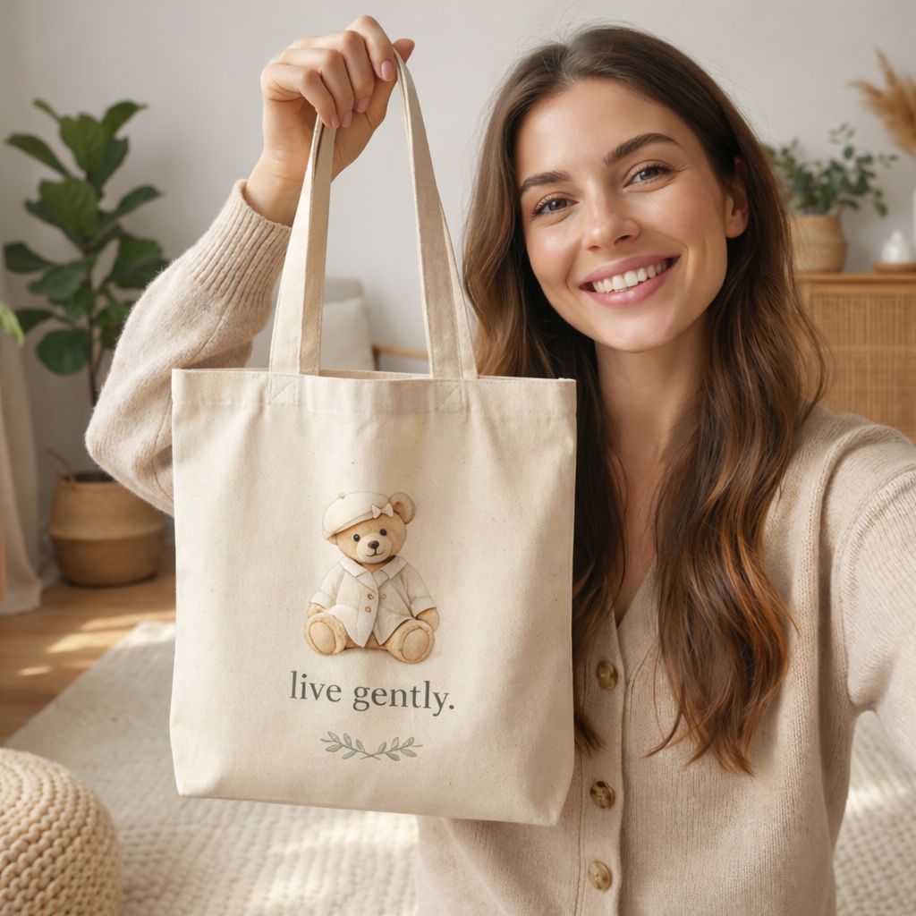 Woman holding a tote bag with a teddy bear design and 'live gently' text in a home setting.