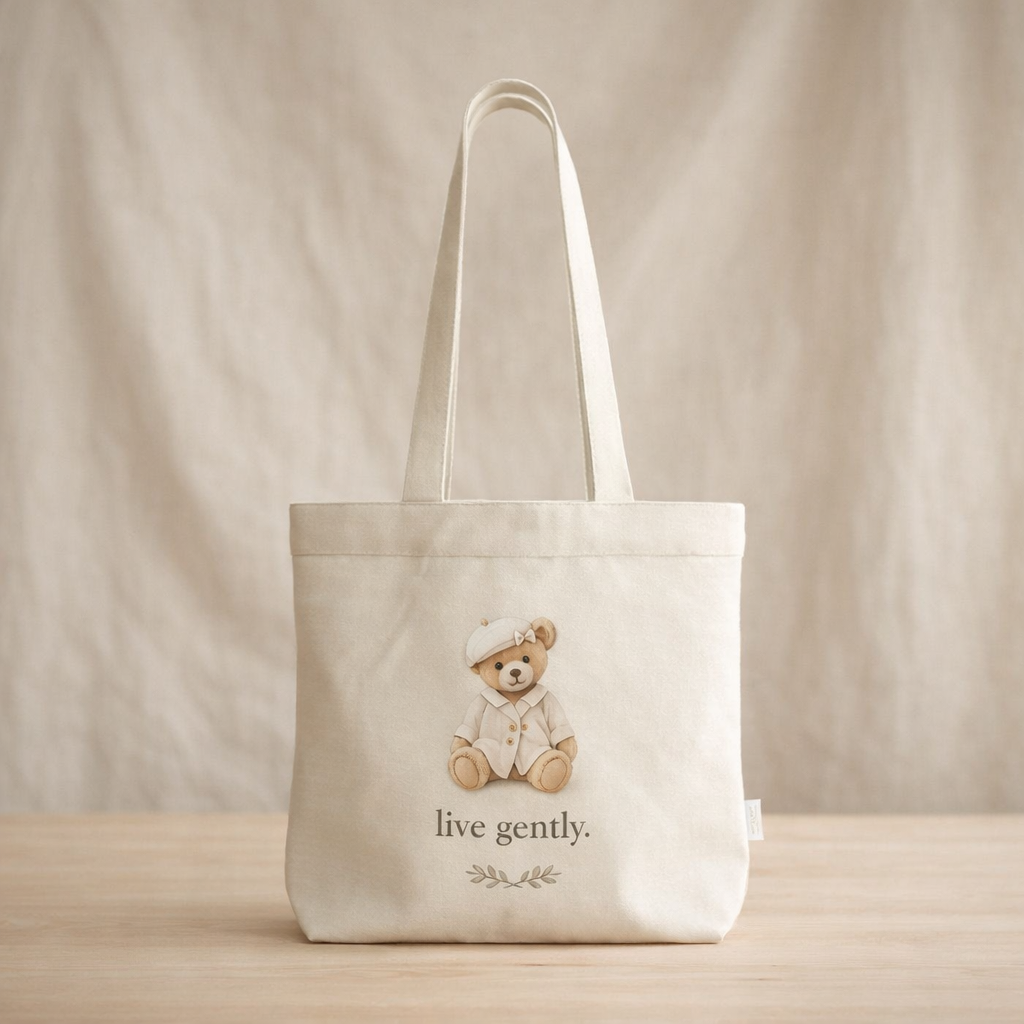 Tote bag with a teddy bear illustration and 'live gently.' text on a neutral background