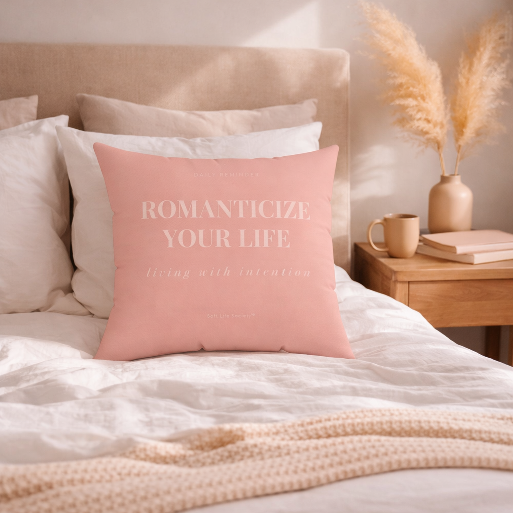 Pink pillow with 'Romanticize Your Life' text on a bed in a cozy bedroom setting.