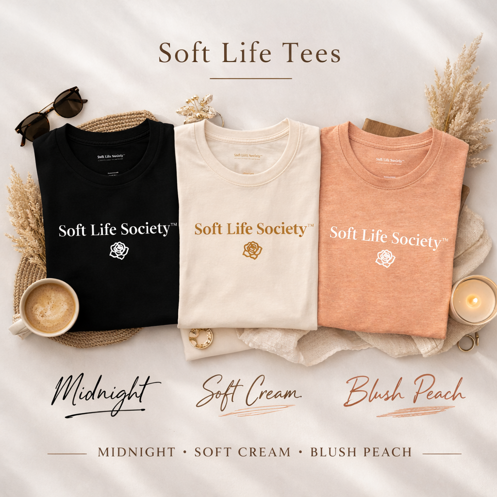 Soft Life tees collection featuring black, cream, and peach t-shirts in relaxed fit minimal aesthetic