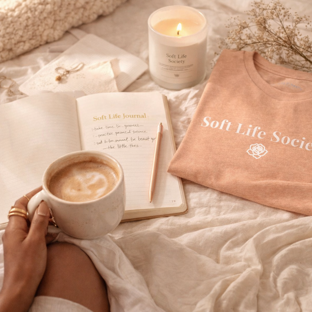 Cup of coffee, open book, and 'Soft Life Society' candle on a textured surface.