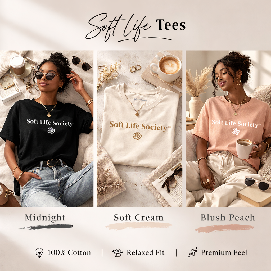 Soft Life Tees collection showing three color options Midnight, Soft Cream, and Blush Peach