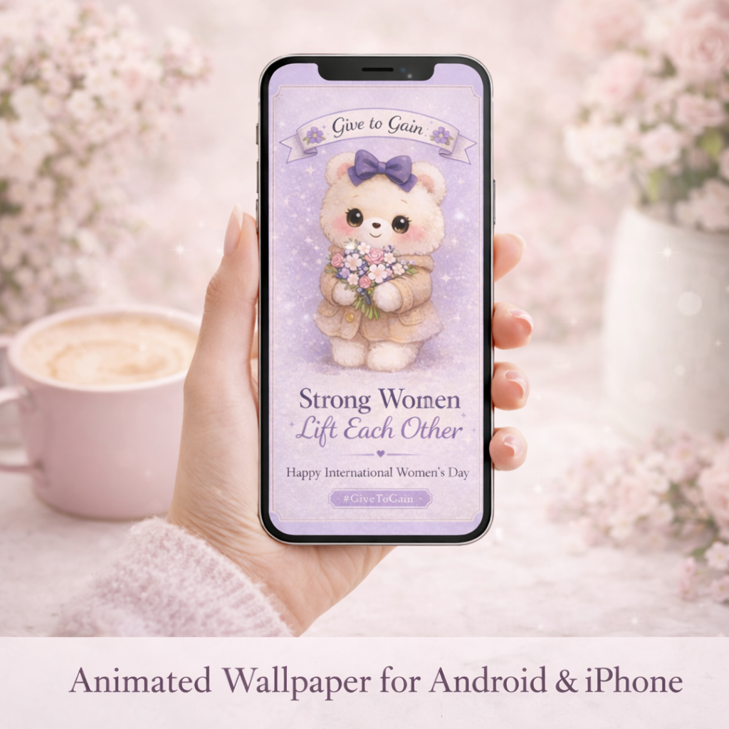 Hand holding a phone with an animated wallpaper featuring a bear and flowers, with text 'Give to Gain' and 'Strong Women Lift Each Other'.