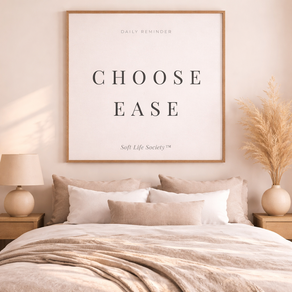 Bedroom with 'Choose Ease' poster on the wall