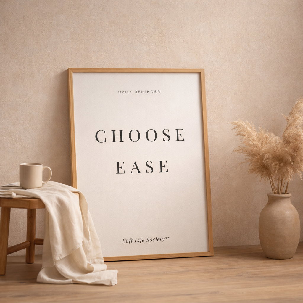 Framed poster with 'Choose Ease' text in a home setting with a mug and vase.