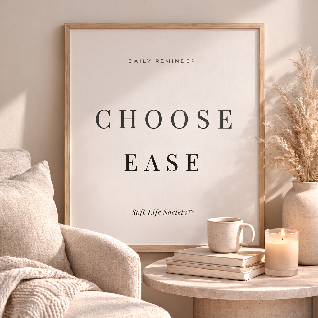 Framed artwork with 'Choose Ease' text in a cozy living room setting.
