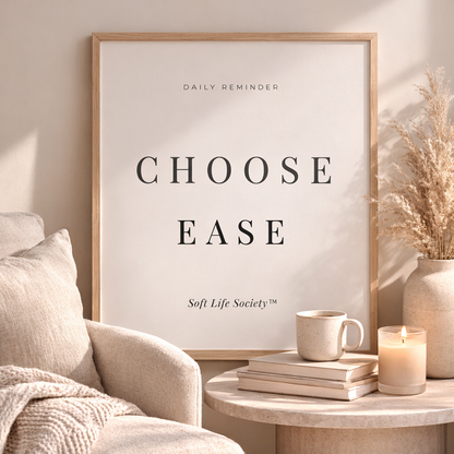 Framed artwork with 'Choose Ease' text in a cozy living room setting.