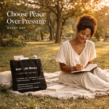 Woman sitting on a blanket in a park with a tote bag labeled 'Soft Life Mama' and a notebook.