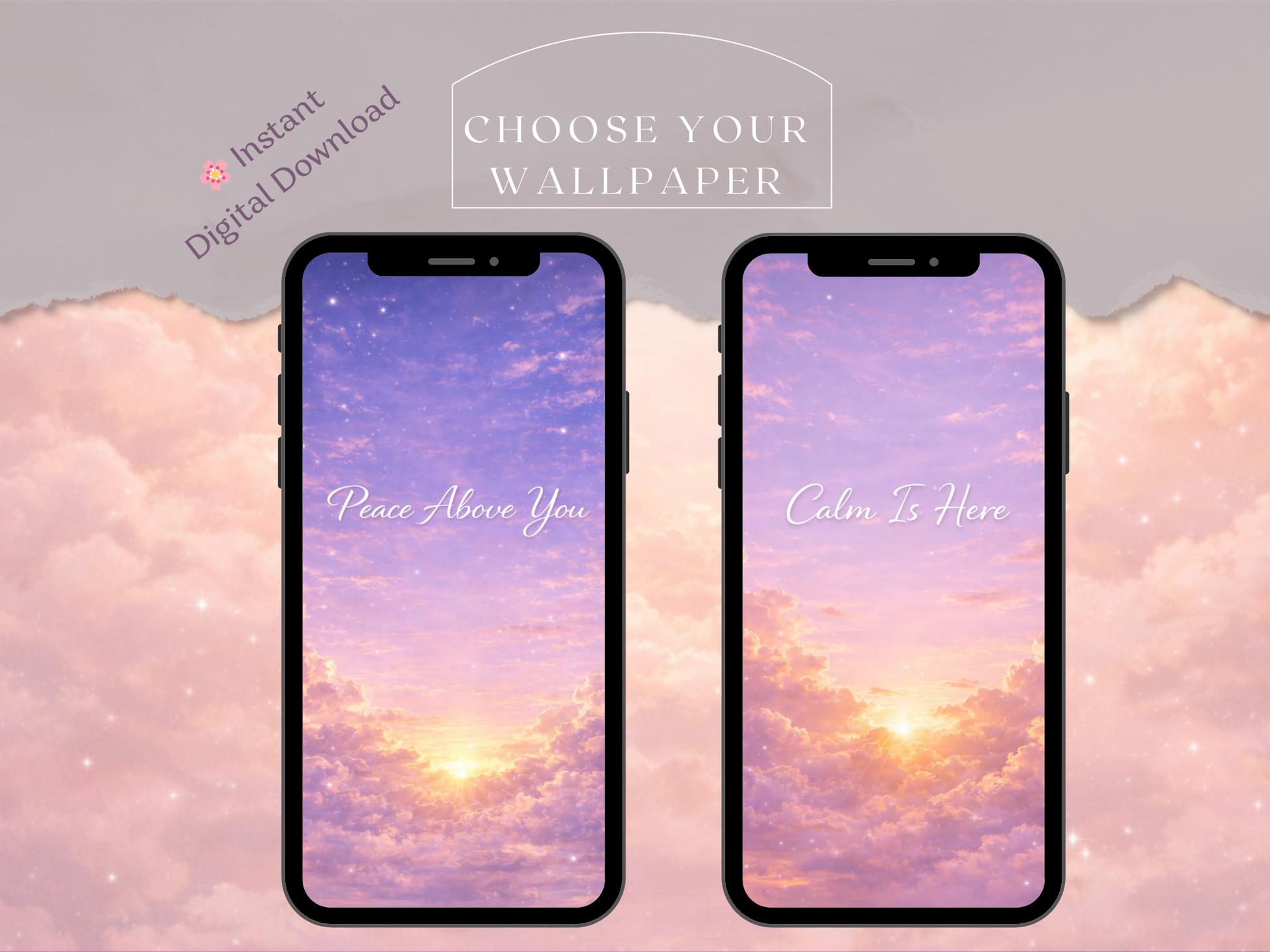 Two smartphones displaying calming wallpapers with text on a soft pink and purple gradient background.