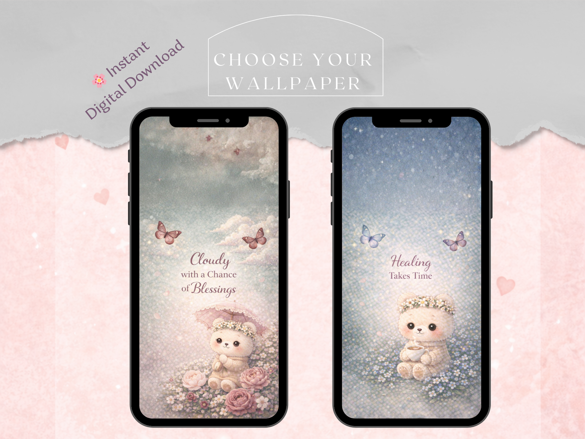 Two smartphone screens displaying cute bear wallpapers with text on a soft pink and gray background.