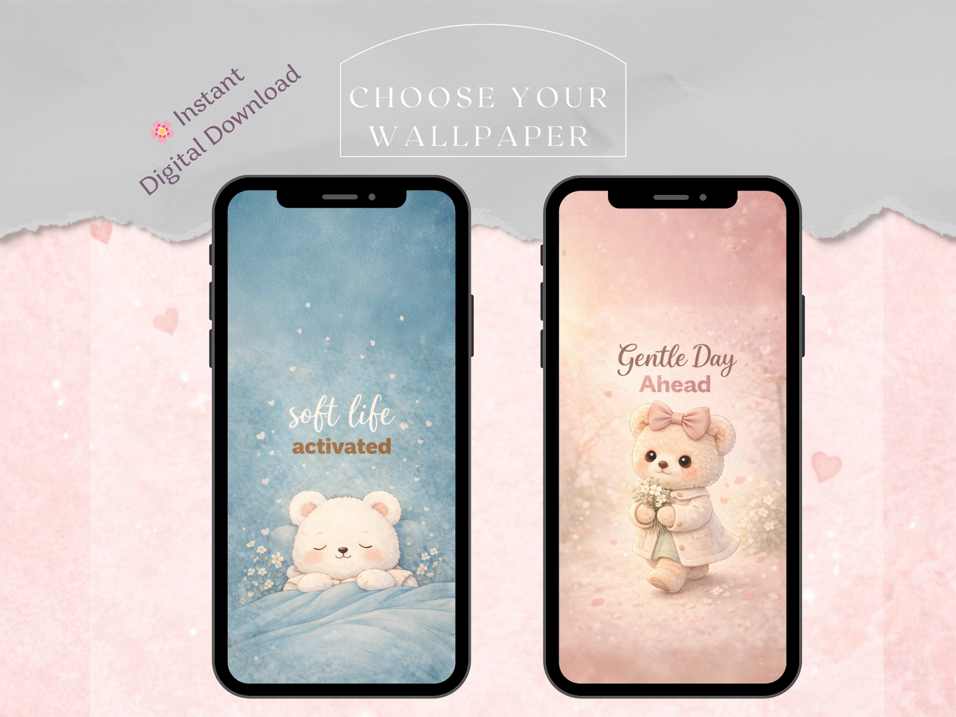 Two smartphone screens displaying bear-themed wallpapers with motivational phrases on a soft pink background.