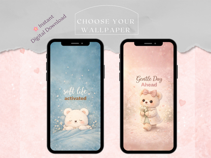 Two smartphone screens displaying bear-themed wallpapers with motivational phrases on a soft pink background.