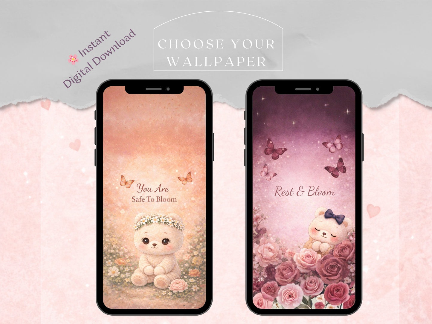 Two smartphone screens displaying cute wallpaper designs with text and cartoon characters.