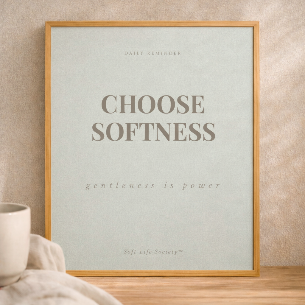 Framed poster with 'Choose Softness' text on a wall with a cup and blanket in the foreground.