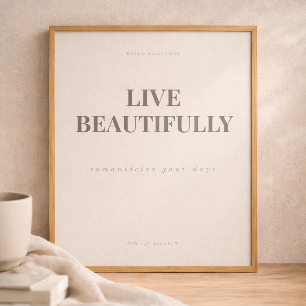Framed print with 'Live Beautifully' text on a wall with a cup and blanket in the foreground.