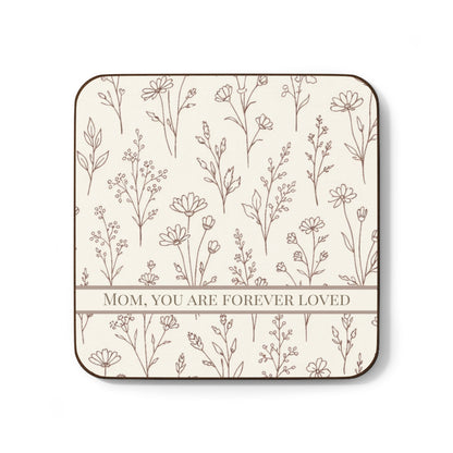 Coaster with floral pattern and 'Mom, you are forever loved' text on a white background