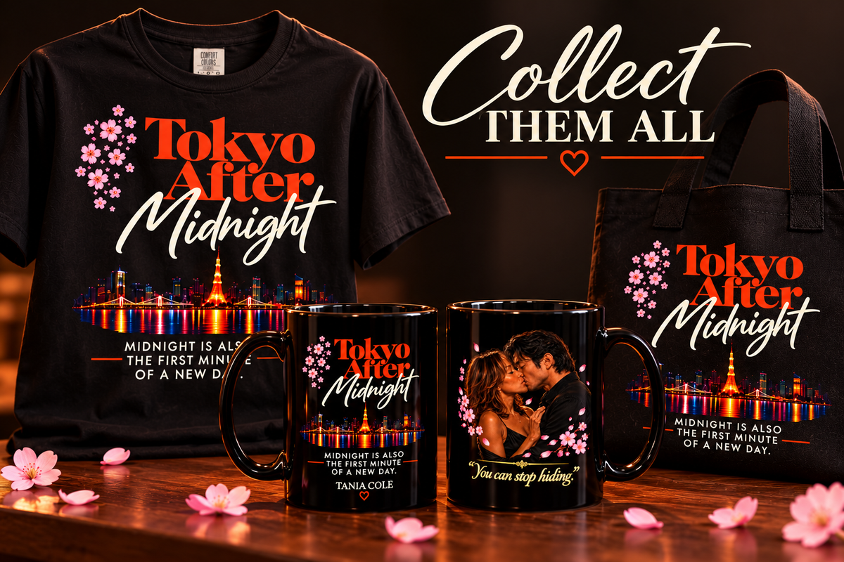 Tokyo After Midnight merchandise collection featuring a black T-shirt, tote bag, and two black mugs by Tania Cole. Coordinating designs feature orange and cream typography, pink cherry blossoms, an illuminated Tokyo skyline, and romantic character artwork.