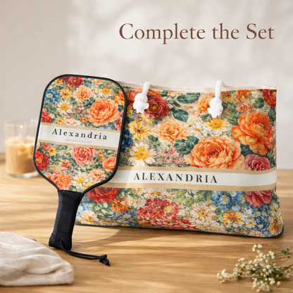 Floral-patterned paddle and matching weekender bag set with 'Alexandria' branding on a wooden surface.