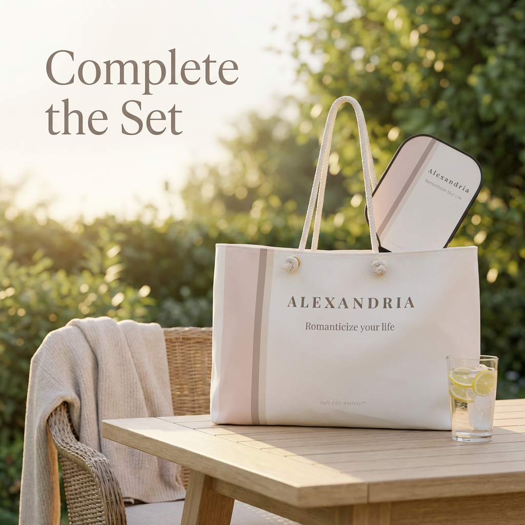 Neutral aesthetic pickleball paddle and matching tote bag set with personalized name, styled outdoors on a patio table with soft natural sunlight.