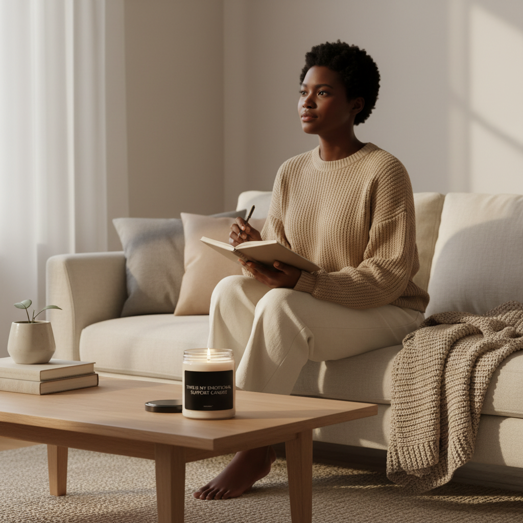 Woman sitting on a couch in a cozy living room, holding a notebook with a lit Soft Life Society candle with black label 'This is my Emotional Support Candle.' text on it.