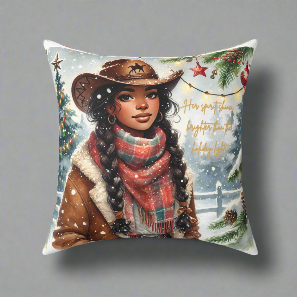 Square throw pillow with a Western cowgirl illustration, featuring a cozy scarf, snowflakes, and a Christmas tree background.