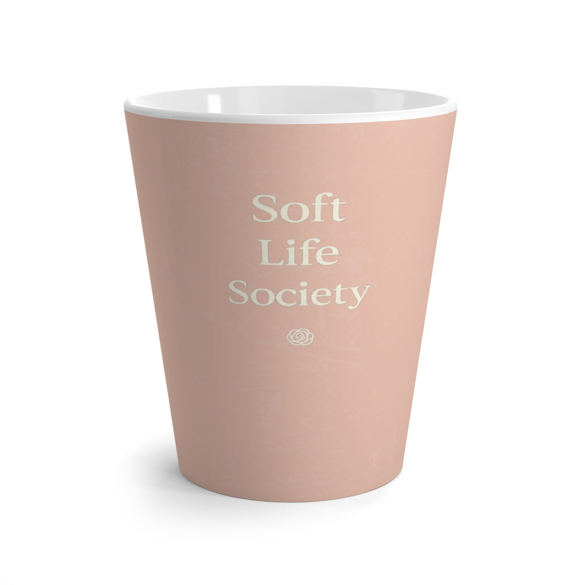 Pink cup with 'Soft Life Society' text on a white background