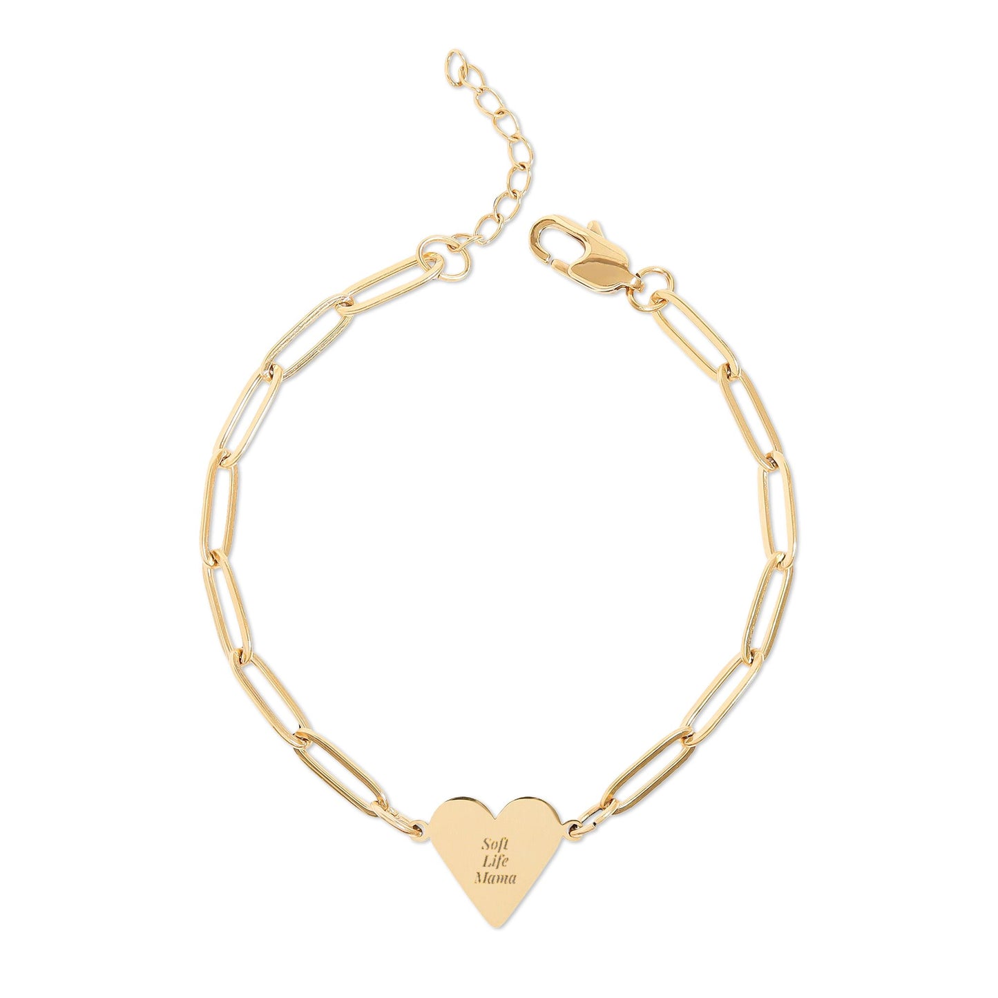 Gold paperclip bracelet with a heart-shaped pendant engraved with 'Soft Life Mama' on a white background