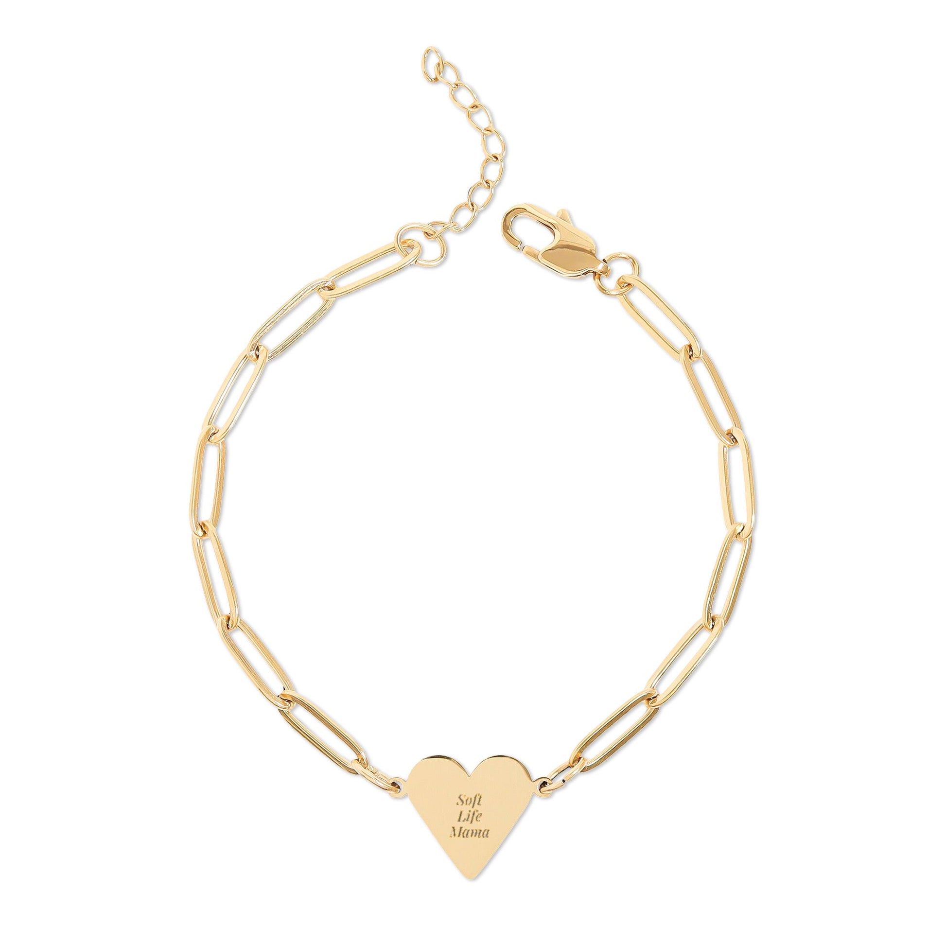 Gold paperclip bracelet with a heart-shaped pendant engraved with 'Soft Life Mama' on a white background